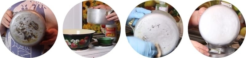 Очистить дно пригоревшей кастрюли хозяйственным мылом и ПВА