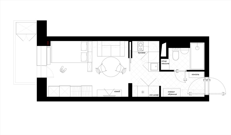 План квартиры студии с проходной кухней 2